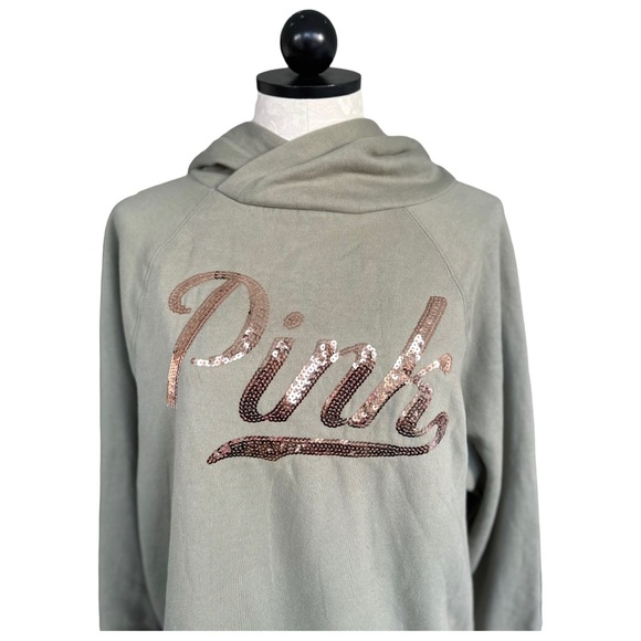 PINK Victoria's Secret Sequin Hoodie Light Green with Pink Sequins Size XS - Picture 13 of 15